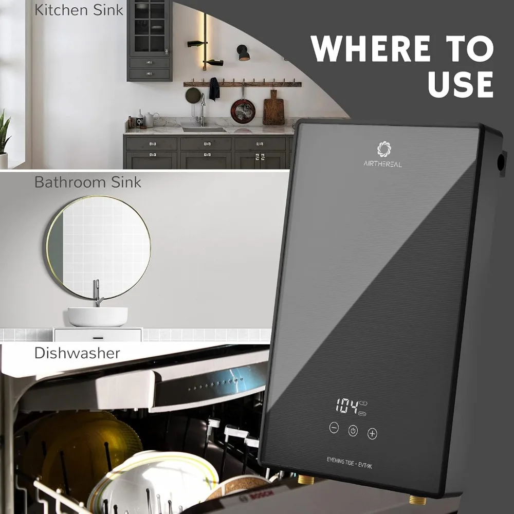 Electric Tankless Water Heater, 9kW, 240Volts-Endless On-Demand Hot Water-Self Modulates to Save Energy