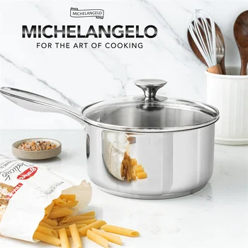 MICHELANGELO Pentola per stufato da 3 litri con coperchio Pentola per salsa in acciaio inossidabile Pentola per zuppa Pentola per cottura con fondo ispessito Compatibile con induzione 1
