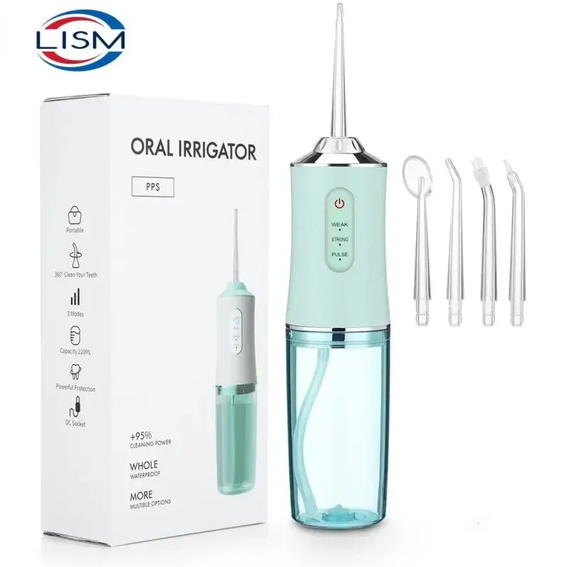 Oral Irrigator Portable Dental Water Flosser USB Rechargeable 4 Jet Tip 220ml 3 Modes IPX7 1400rpm