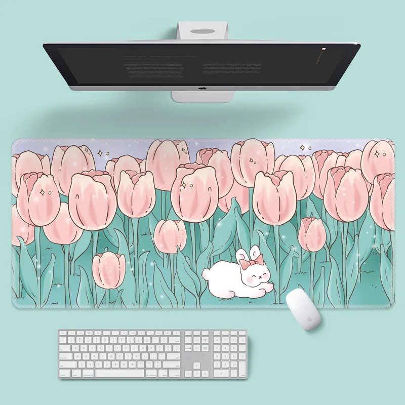 thumbnail image 1 of Alfombrilla de ratón para juegos Extra grande Kawaii, color rosa, bonitos tulipanes, flores, conejito, XXL, alfombrilla de escritorio antideslizante a prueba de agua, Accesorios de escritorio para ord, 1 of 5