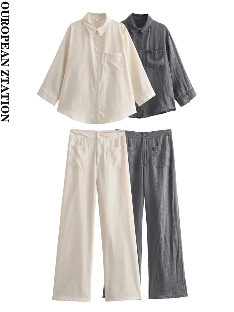 

PAILETE Women 2023 fashion patch pocket asymmetric hem linen shirt or with belt mid-rise frayed trousers two pieces sets mujer