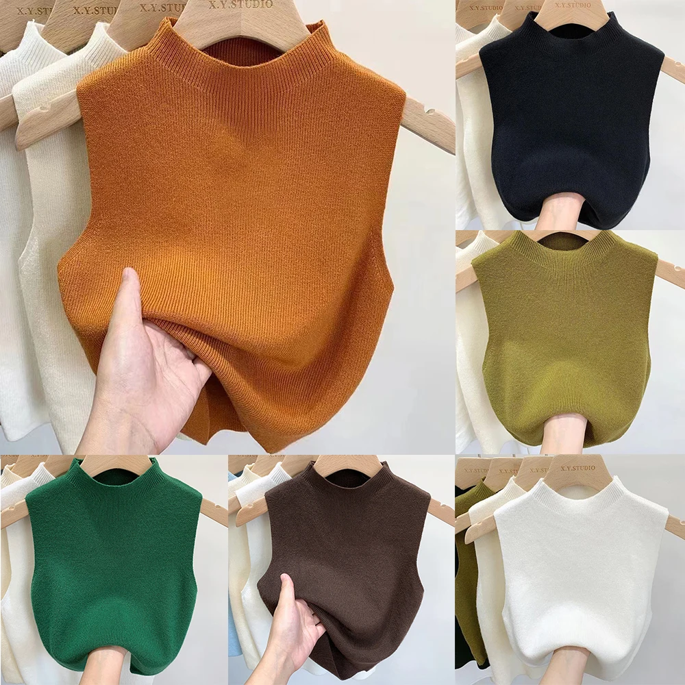 Spring Autumn Tank Tees Tops Knitted Sweater Camisole Temperament Cropped Half-turtleneck Vest Women Cropped Top Sleeveless