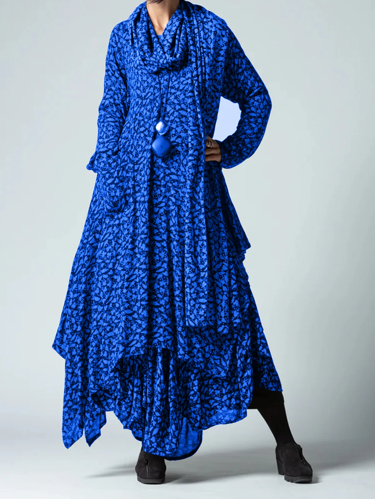 thumbnail image 1 of Vestidos de manga larga con estampado de otoño para mujer, vestido largo holgado con bolsillos y dobladillo irregular y cuello vuelto, vestido retro de fiesta de talla grande, 1 of 4