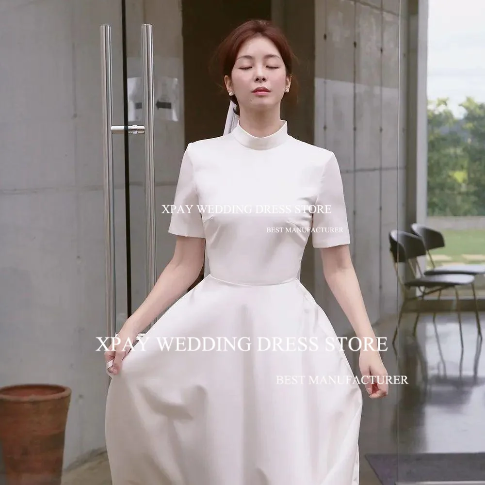 XPAY High O Neck Soft Satin Korea A Line Wedding Dresses 2024 Photography Shoot Short Sleeve Simple Elegant Custom Bride Dress 2