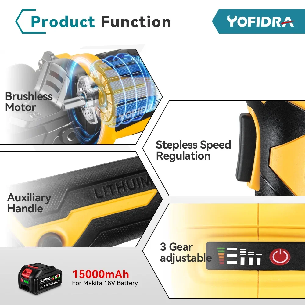 Yofidra-amoladora angular sin escobillas, herramienta eléctrica inalámbrica de impacto, 125mm, para batería Makita de 18V, 12000Rpm, 3 engranajes, M14