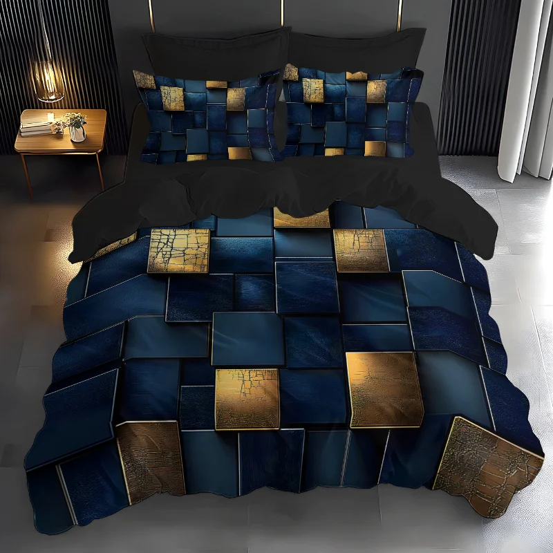 2/3Pcs 3D Space Cartoon Bedding Set, Blue Golden Abstract Pattern Ultra Soft Brushed Polyester, Wrinkle Free Skin Friendly