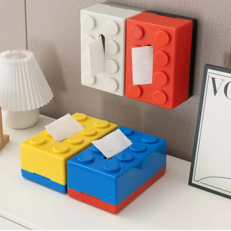 Double Color Building Block Tissue Box with Spring Paper Towel Holder Bathroom Wall-mounted Paper Holder Desktop Paper Organizer 4
