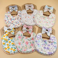 3-Pack Floral Print Baby Bandana Bibs Set - Cotton Linen Drool Bibs & Headbands for Boys and Girls