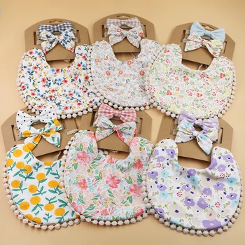3-Pack Floral Print Baby Bandana Bibs Set - Cotton Linen Drool Bibs & Headbands for Boys and Girls