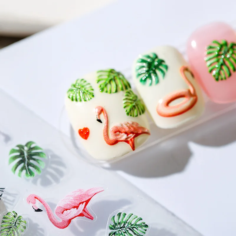 Cute Red Flamingo Green Turtleback Bamboo Nail Art Decoration Sticker 5D 3D Self Adhesive Nail Call Phone Decal DIY Woman Summer