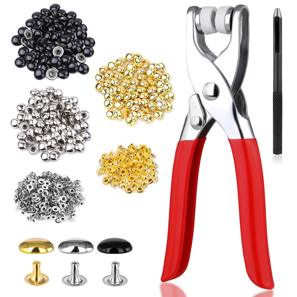 KRABALL 가죽 리벳 180 세트, 더블 라운드 캡, 금속 스터드, 가죽 공예용 고정 도구, 10mm, 3 색