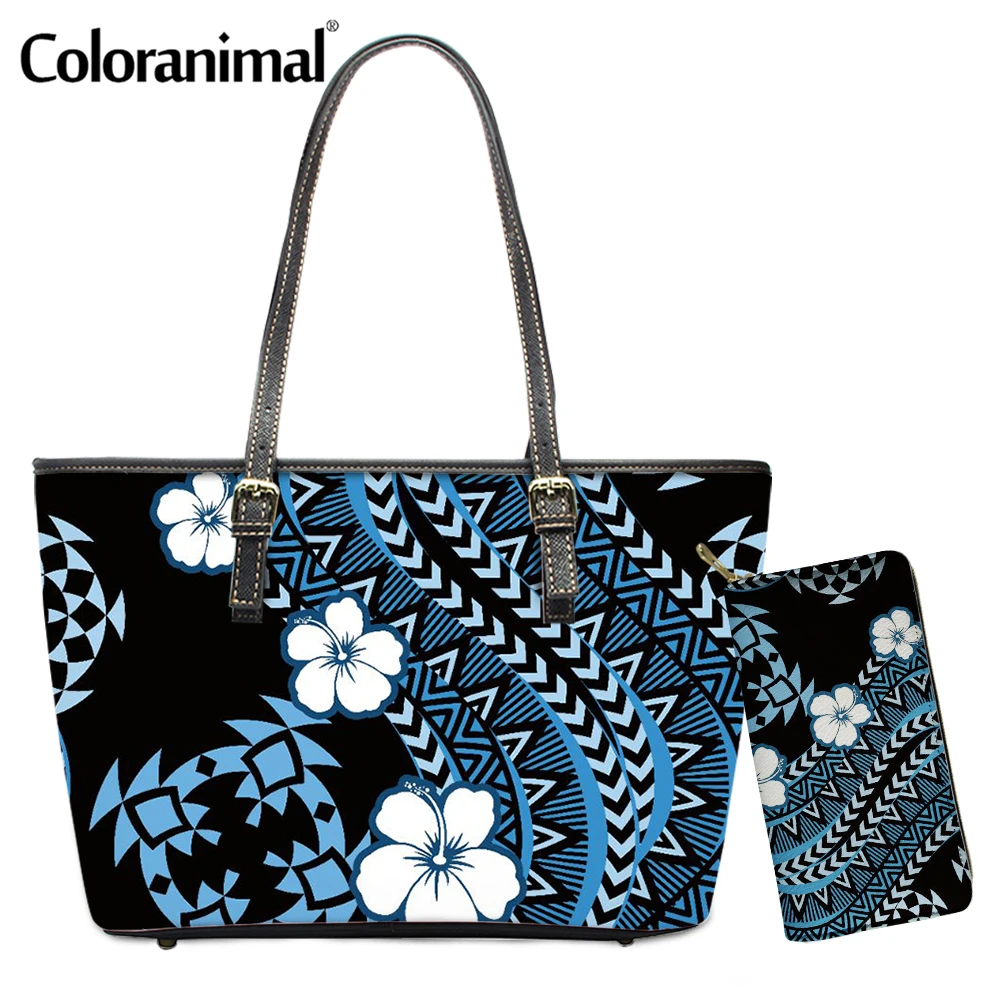 Coloranimal Brand Design Bags Women Leather Handbags Ethic Style Polynesian Hibiscus Printed Girls Shoulder Bag 2Pcs Tote Bolsa 