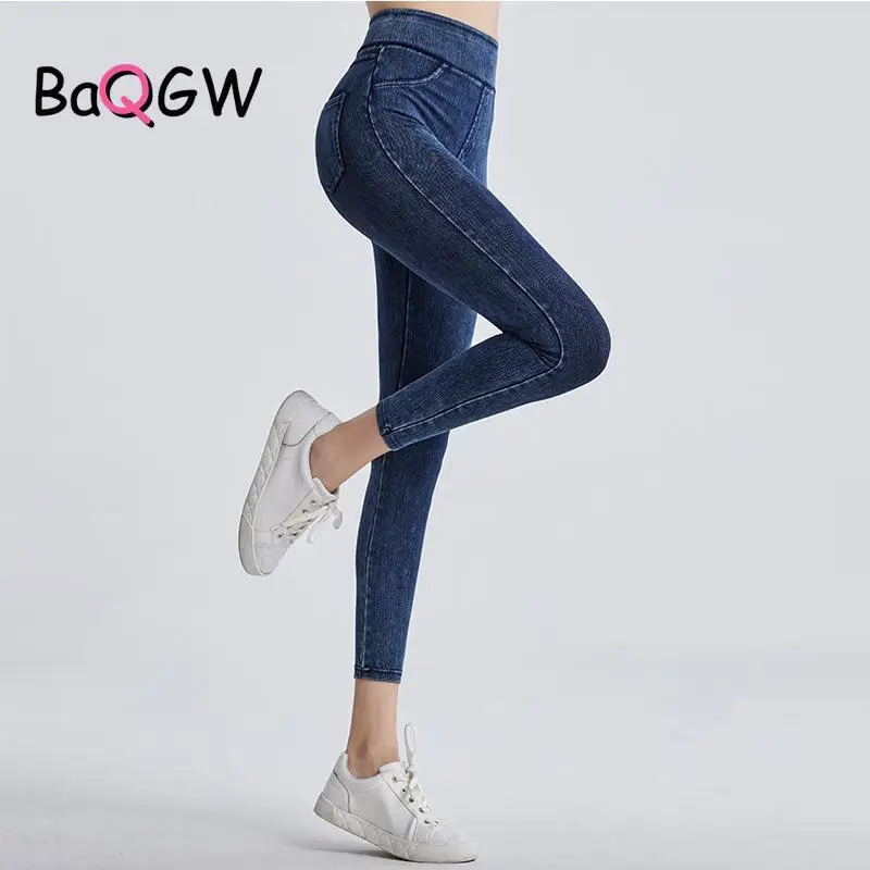 

BaQGW High Waist Stretchy Hip Lifting Women Sport Long Pants Skinny Denim Washed Pocket Running Gym Fitness Workout Leggings