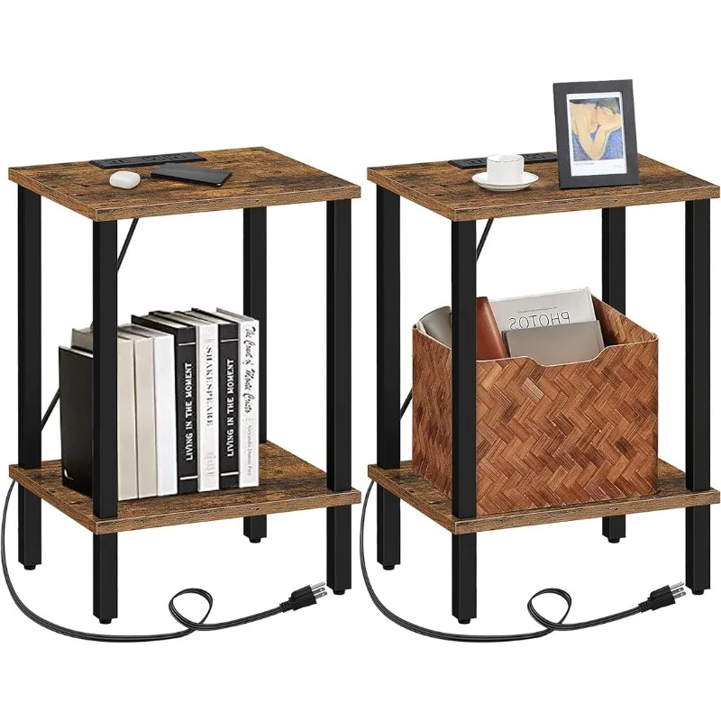 End Table with Charging Station, Set of 2, Side Table with USB Ports and Outlets, Nightstand, 2-Tier Storage Shelf, Sofa