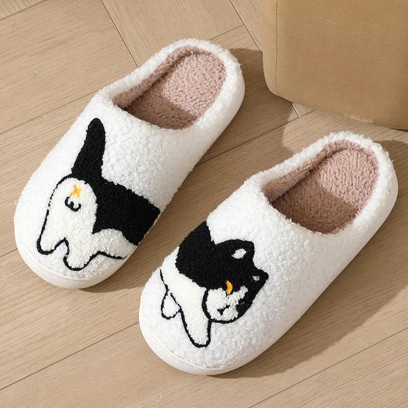 2024 Winter Women Black Cat Slippers Men Cartoon Home Black Dog Floor Sandals Couples Indoor Slippers Adults Warm Non-slip Shoes 2