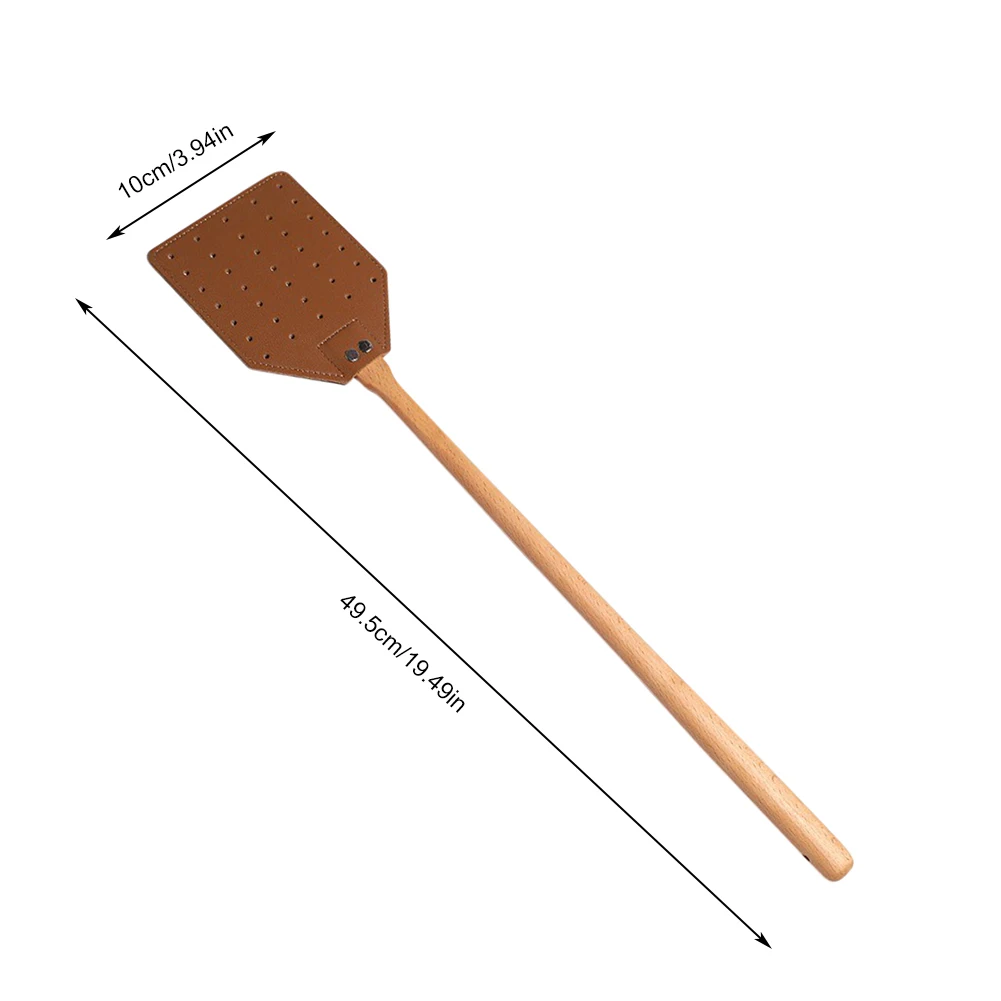 1PCS Portable PU Leather Fly Swatter Handheld Manual Mosquito Swatter With Wooden Long Handle For Home Indoor Outdoor Garden
