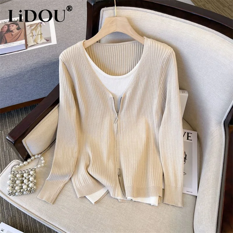 

Spring Autumn Oversize Contrast Color Fake Two Pieces Knitting T-Shirts Women V-neck Long Sleeve Zipper Loose All-match Pullover