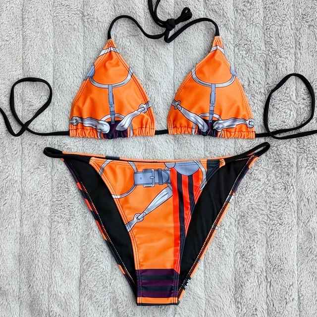 Luxury Brand Design Orange Printed Bandage Beach Swimsuit Bikini Two Piece Set For Women Sexy Ladies Beachwear Tankini Clothes 1