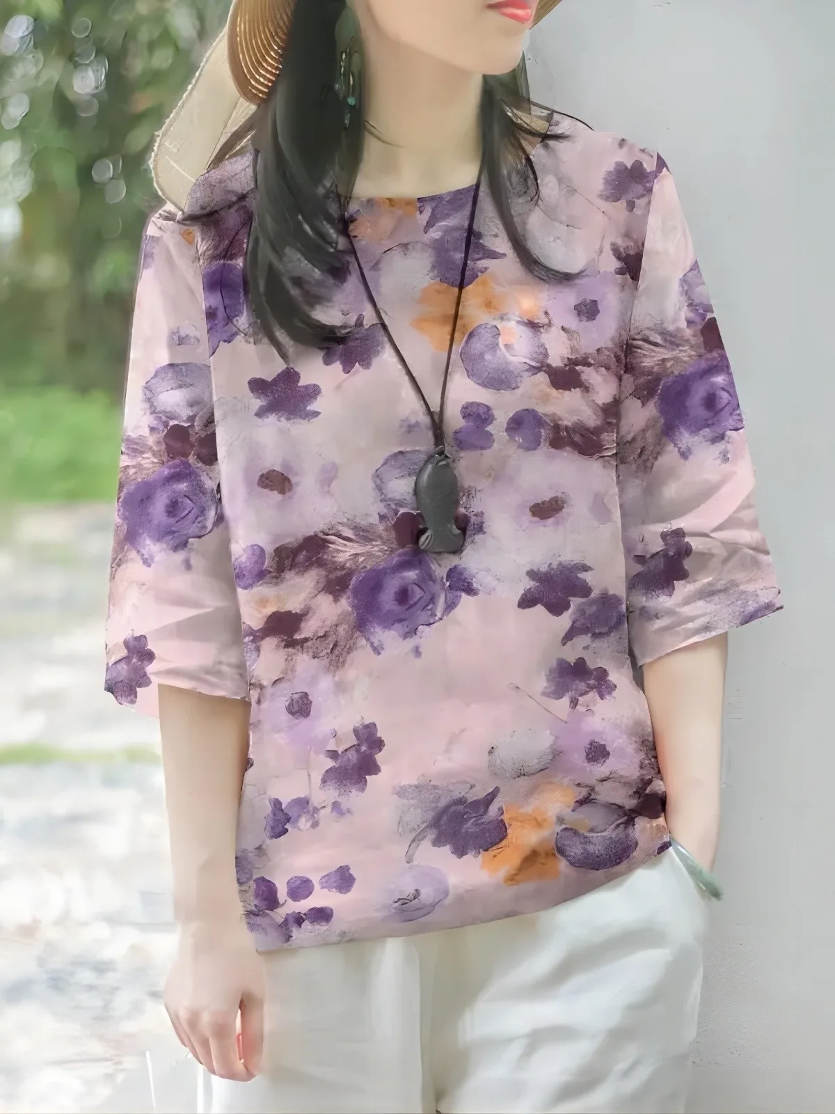 

Женская хлопковая блузка с цветочным принтом, элегантная винтажная льняная блузка в богемном стиле, Модный повседневный Свободный Топ с рукавом 2024 и круглым вырезом, 3/4