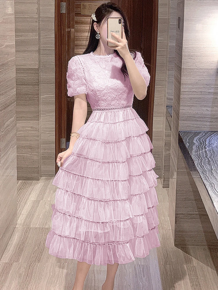 

Sweet Pink Sequined Flower Embroidery Evening Party Mesh Cascading Ruffles Cake Dress Short Sleeve Slim Princess Fairy Dress