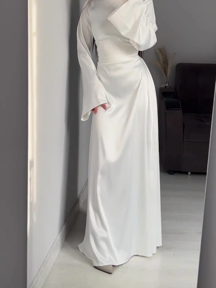 New in Summer Dress Women Fashion Solid Color Satin Dress Women High Neck Long Sleeve High Waist Tie Up Elegant Slim Maxi Dress 1