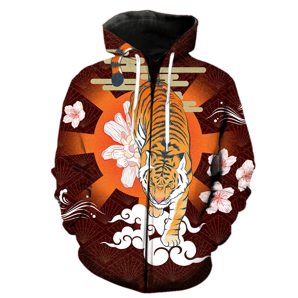

Cartoon Animal Tiger Men's Zipper Hoodie Sweatshirts Spring Long Sleeve Oversized Hip Hop With Hood Jackets Cool Teens Harajuku