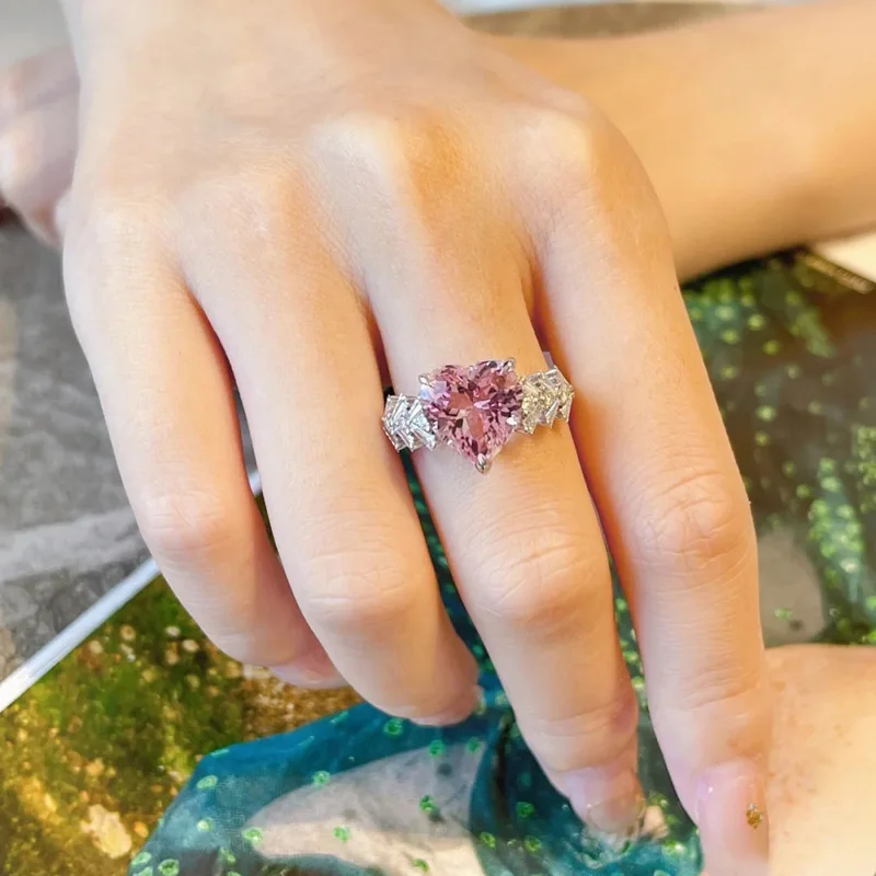 Bague rose en forme de cœur d'amour pour femmes, avec pierre de