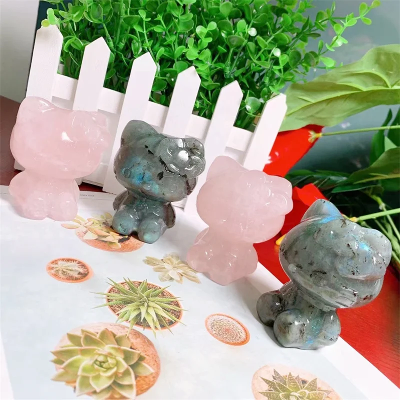 

8cm Natural Crystal Rose Quartz Labradorite Cartoon KT Cat Statue Carving Cartoon Animal Healing Crystal Holiday Crafts Gift 1pc