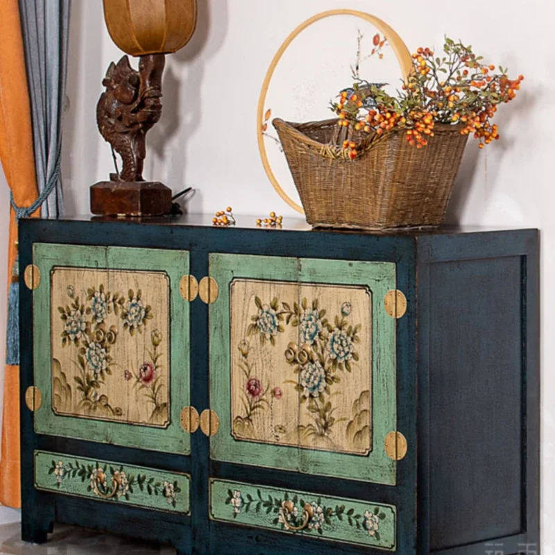 

Furniture Solid Wood Locker Vintage Distressed New Chinese Style Side Painted