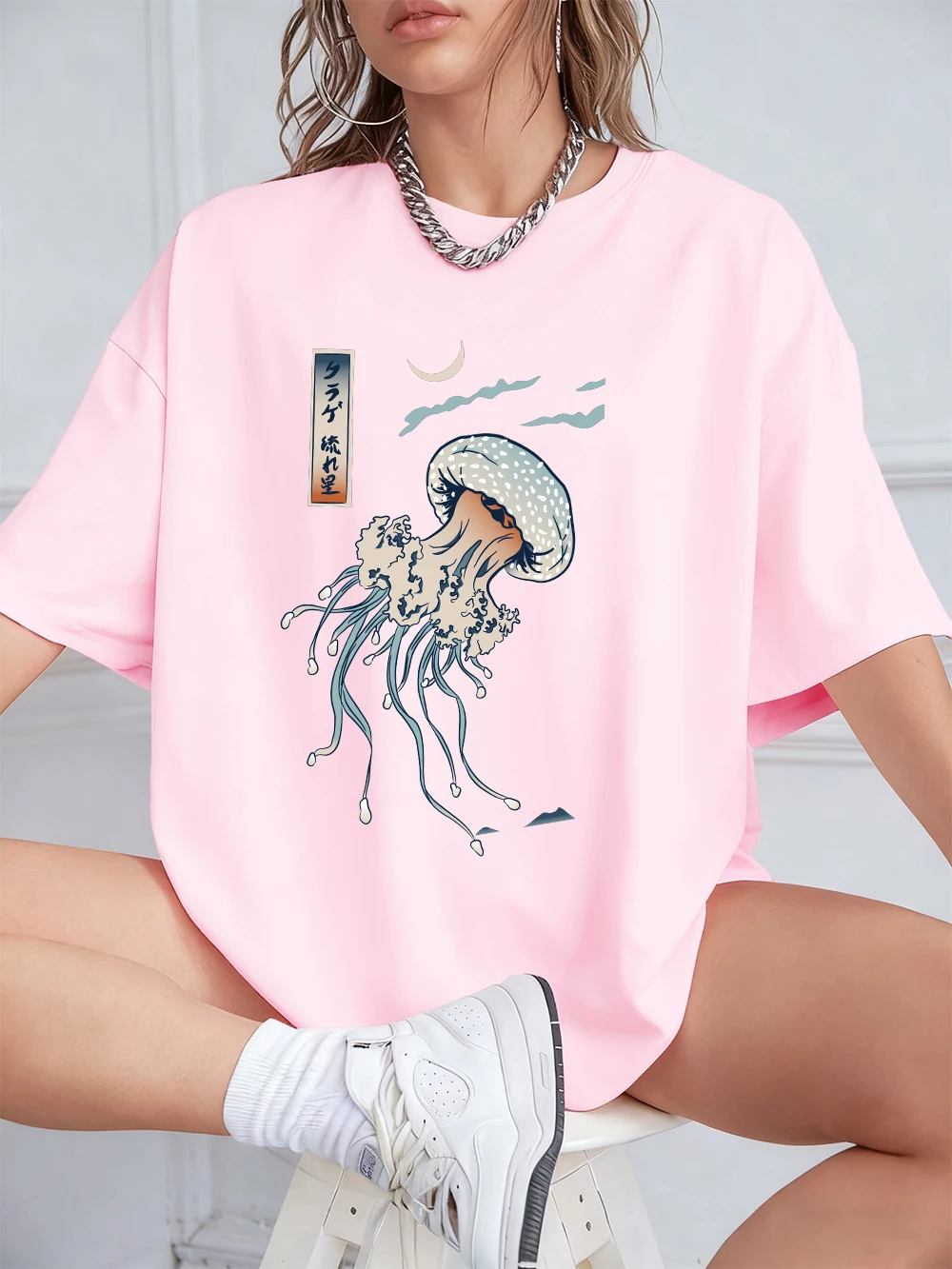 Harajuku Jellyfish Print Women's Cotton Tee - Soft, Loose-Fit Summer Top