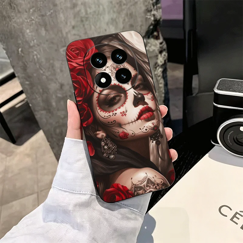 Elegant Black Soft Phone Case - Catrina Rose Skull Design