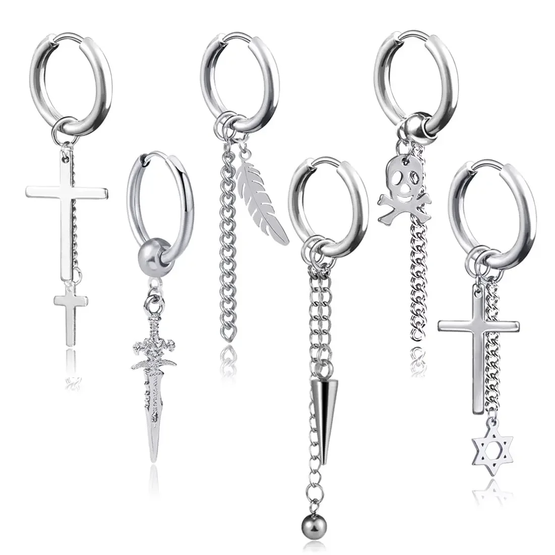

6 Pieces Stainless Steel Hoop Dangle Earrings For Men Stud Cross Skull Star Feather Long Chain Earrings Set for Women