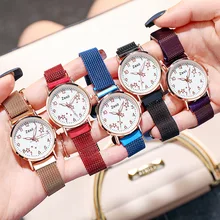 

2022 New Fashion Rose Gold Magnet Ladies Watch Stainless Steel Mesh Belt Simple Ultra-thin Floral Quartz Ladies Watch