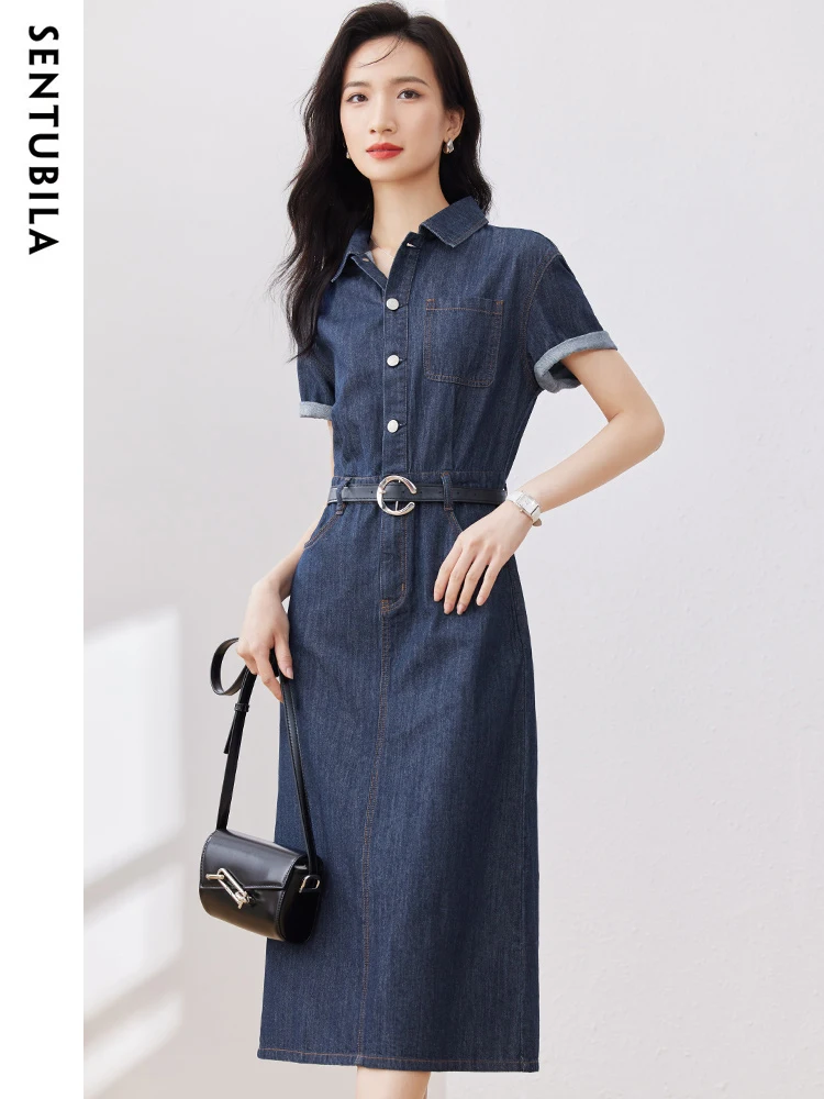 

SENTUBILA Women's Summer Vintage Denim Dresses Clothing 2023 Button Down Simple Fashion Lapel Midi Cargo Style Dress W32L49997
