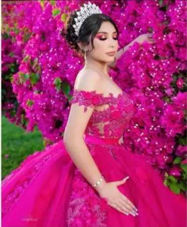 Fuchsia Puffy Quince anera Kleider Ballkleid von der Schulter Tüll Applikationen mexikanische süße 16 Kleider 15 Anos