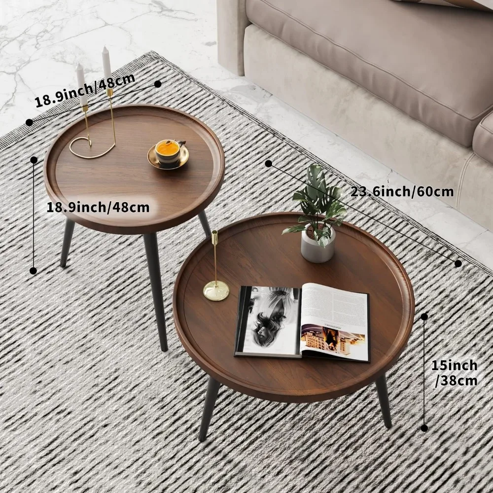 2-Piece Round Walnut Coffee Table Set, Mid-Century Modern Nesting Tables for Living Room, Sofa & Bedside 4