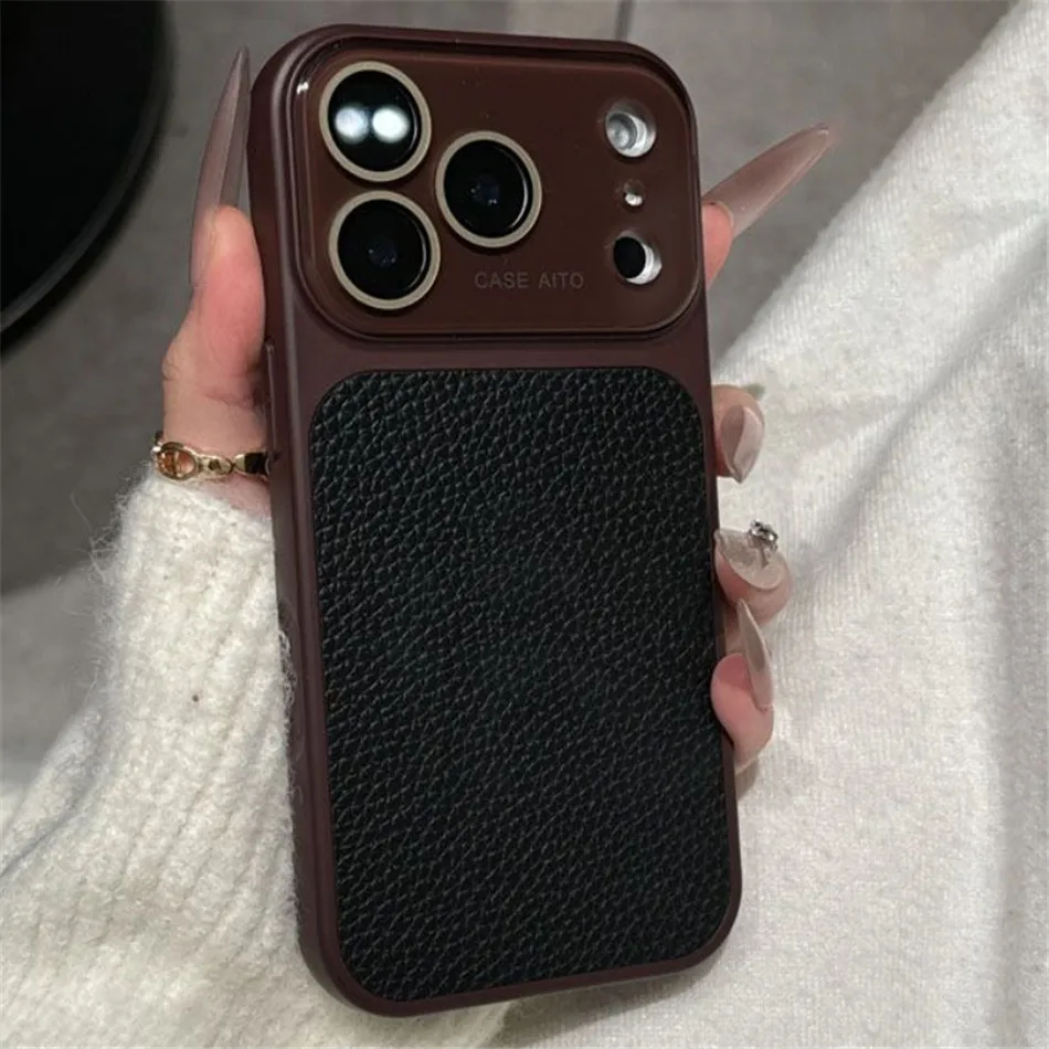 Deluxe Lychee Leather Textured Phone Case with Lens Protection and Shockproof Bumper