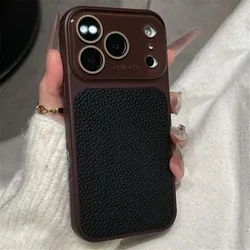 Deluxe Lychee Leather Textured Phone Case with Lens Protection and Shockproof Bumper - iPhone 16 Pro (Wine Red Black)