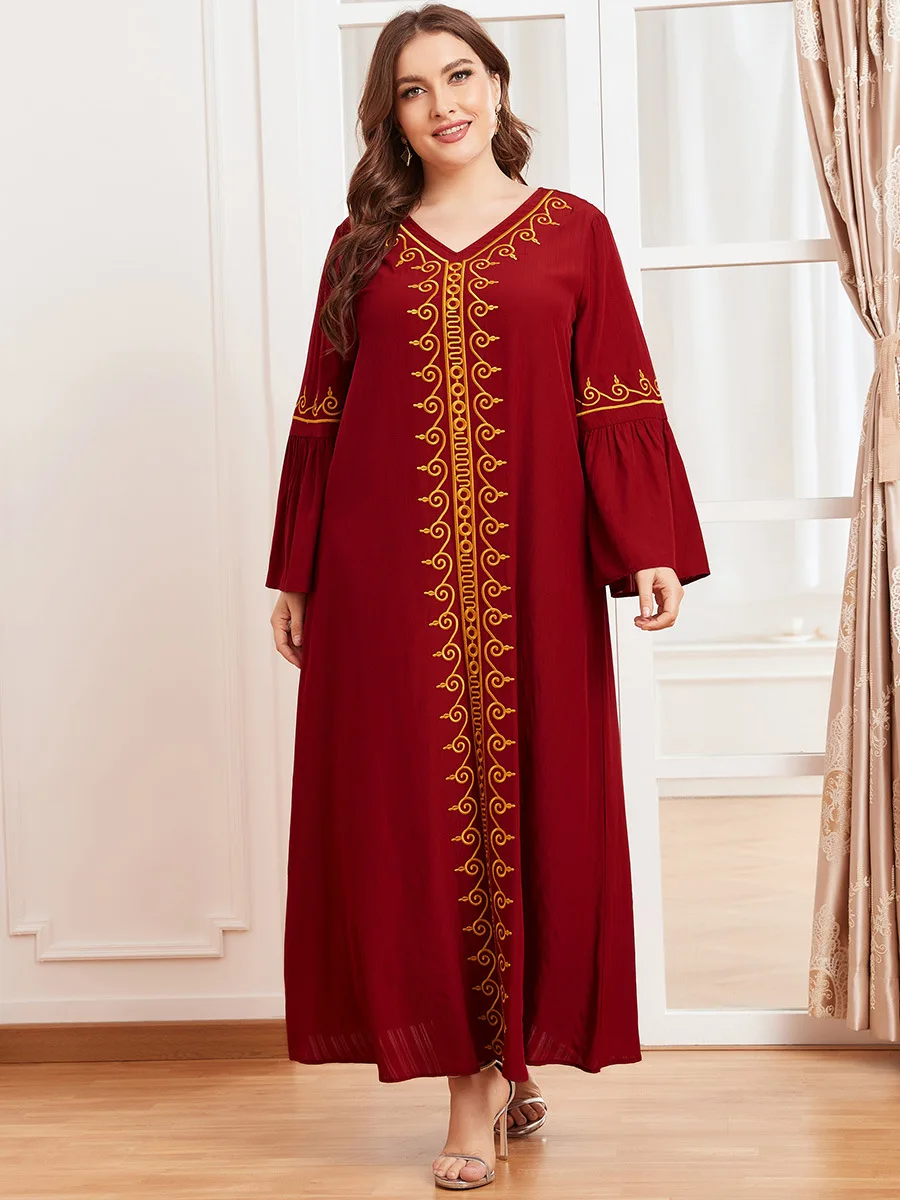 Abaya For Women Wine Ethical Embroidery Long Sleeve V-neck Moroccan Caftan Kaftan Dubai Muslim Women Robe Print Clothing