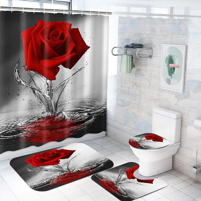 Water Rose Waterproof Shower Curtain Bathroom Floor Mat 4pcs