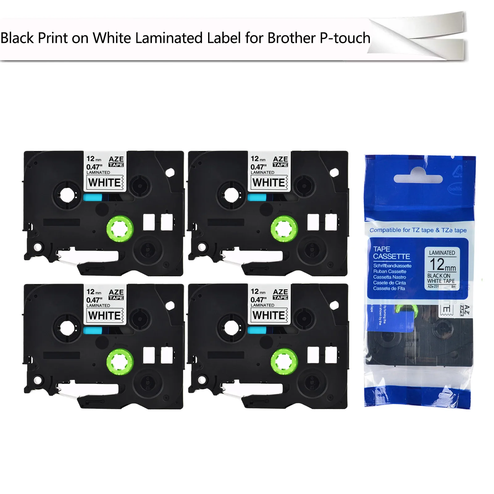 4 Stück laminierter schwarzer Druck auf weißem 0.47 "Etiketten band 12mm x 8m kompatibel für Brother Label maker 1/2" TZe-231 tze231 Tz-231 – Detail 1