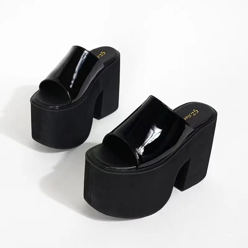 13cm Chunky Heeled Slippers Black Platform Sandals Women High Heels Summer Patent Leather Ladies Shoes Vrouw Slippers Zapato