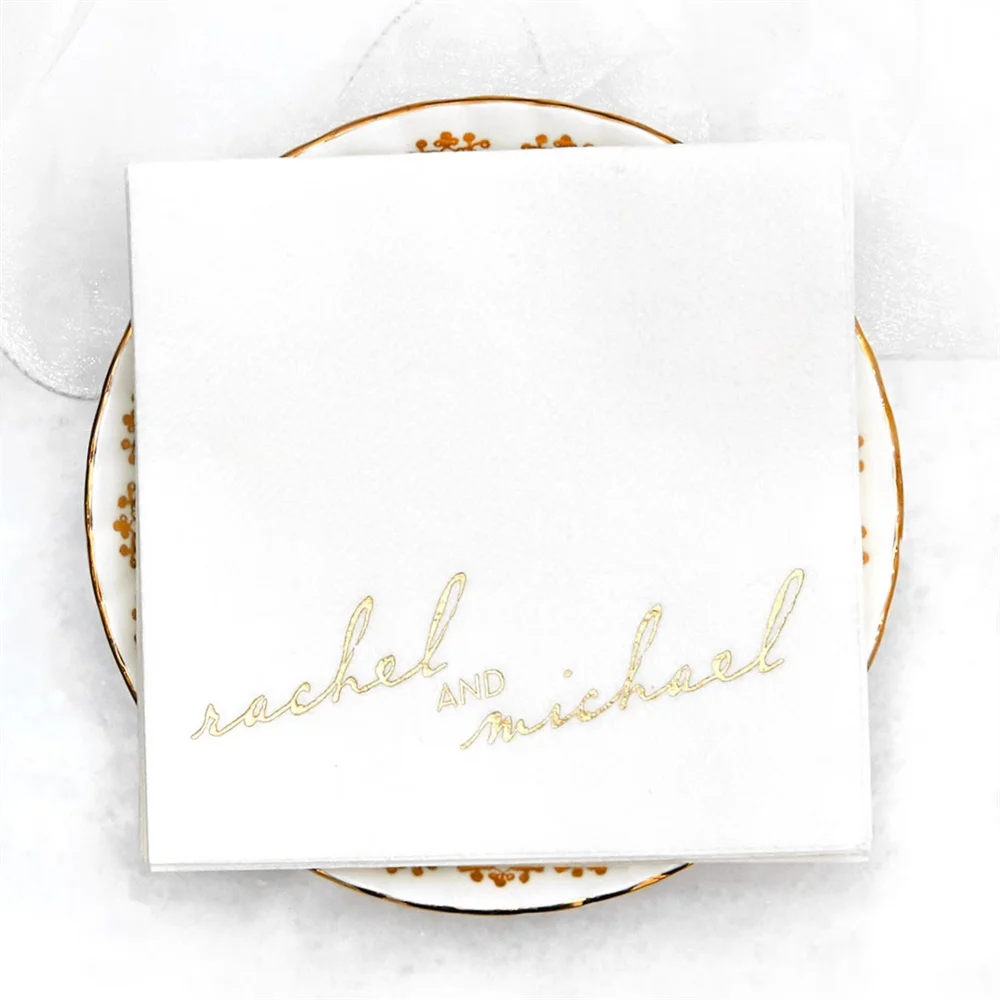 

50PCS Personalized Names Cocktail Napkin - Vintage Modern Script Napkin- Foil Stamped, Linen Like Party Napkins, Wedding, Engage