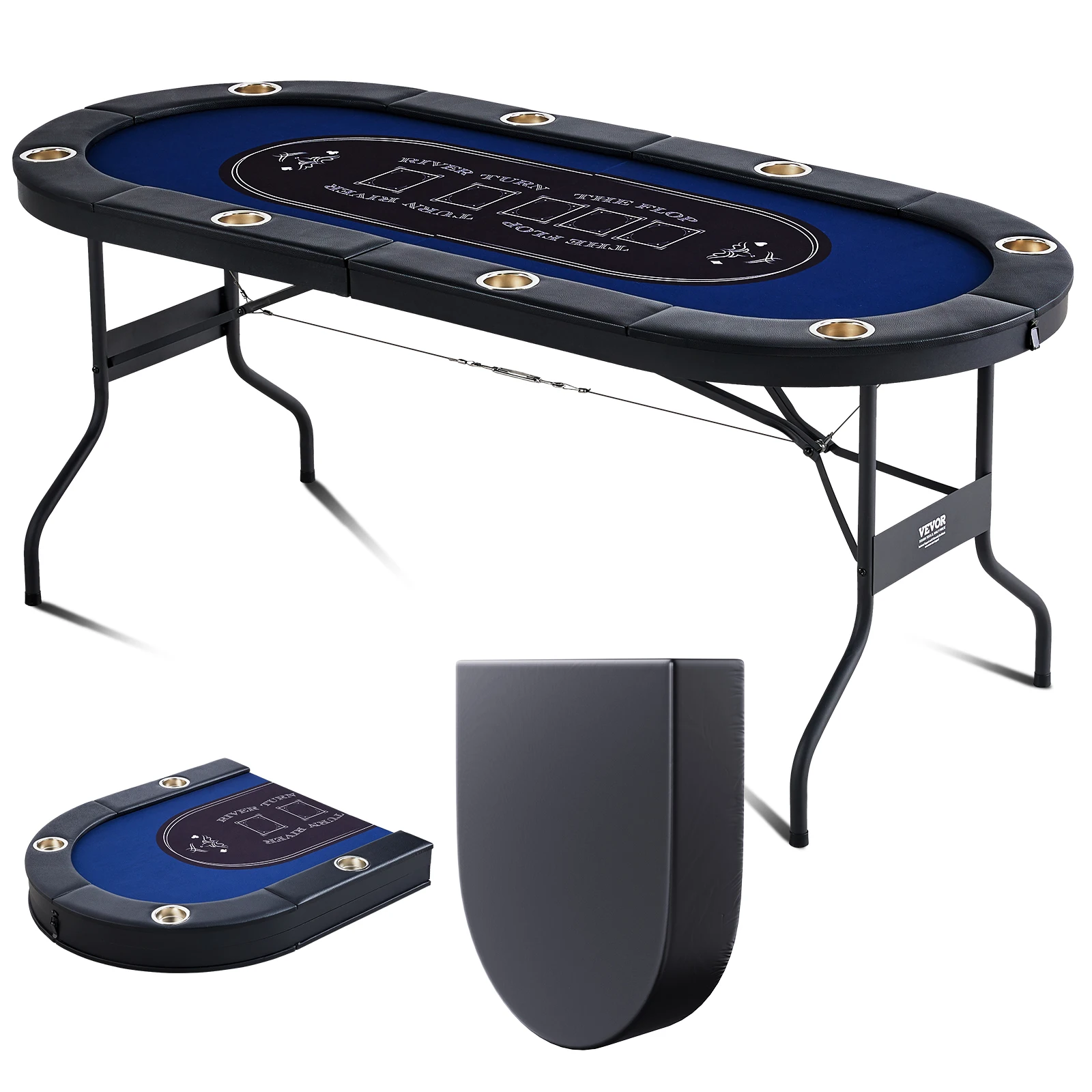 SucceBuy 8 Player Foldable Poker Table Blackjack Texas Holdem w/ Padded Rails and Stainless Steel Cup Holders Blue