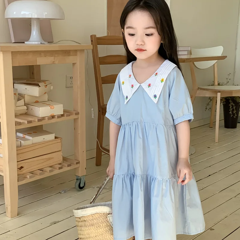 

Korean Summer Babys Girls Dress Cotton Flower Turn Down Collar Belle Girls Dress Short Sleeve Sweet Toddler Girls Princess Dress