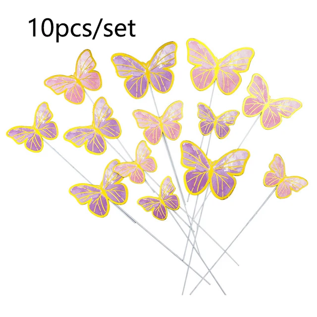 10pcs Dessert gâteau décor papillon estampage or papillon gâteau Toppers princesse fille mariage joyeux anniversaire fête décor 6