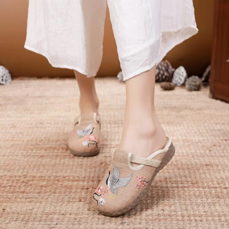 العرقية واسعة تو الكتان النعال للنساء مطرزة خمر ال...