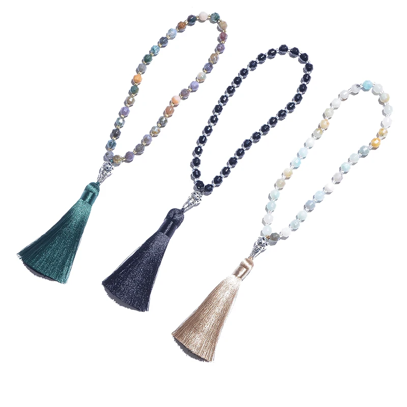 Islamic Muslim Tasbih Prayer Beads Black Onyx Indian Onyx Amazonite 33 Beads Rosary Jewelry