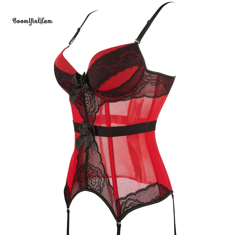 8 Fish Boned Spaghetti Strap Red Mesh Corset Bustier Top For Women Plus Size Underwear Corselet With Padded Bra