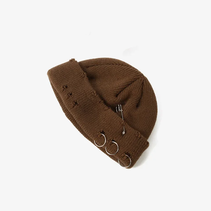 Y2K Gothic Beanie Wintermütze für Frauen und Mädchen, trendige Metallring-Pin Hip-Hop Streetwear Harajuku Skull Cap – Detail 18